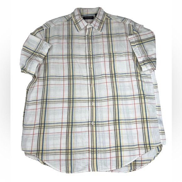 Roundtree & Yorke Linen Blend Plaid Button Up Shirt Men's L White - Picture 1 of 14